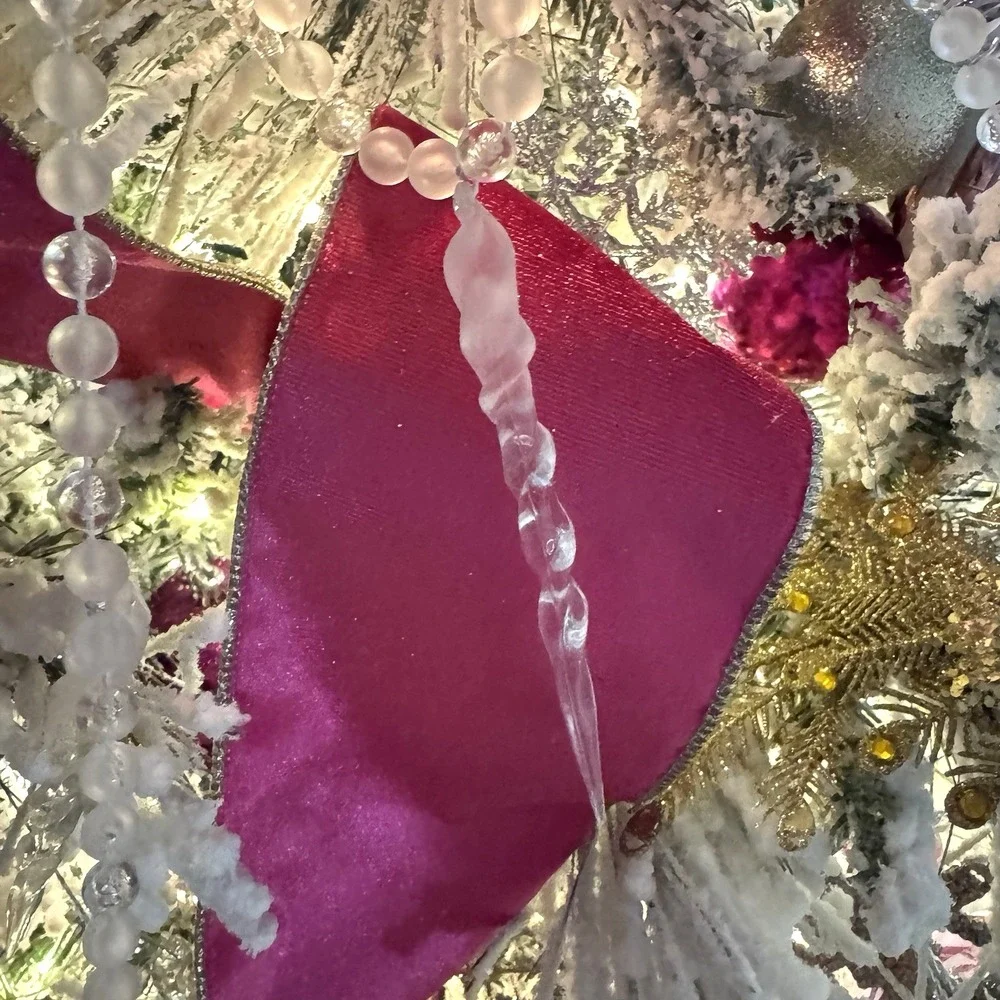 2 Vintage Beaded Icicle Garland Strands 7' Christmas Trim Frosted Clear Plastic